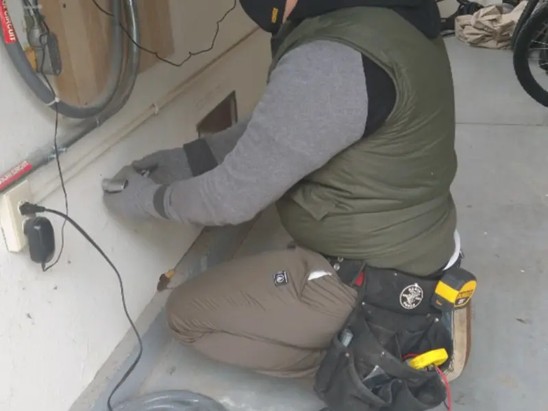 Electrician performing outlet wiring in a Cape Canaveral garage